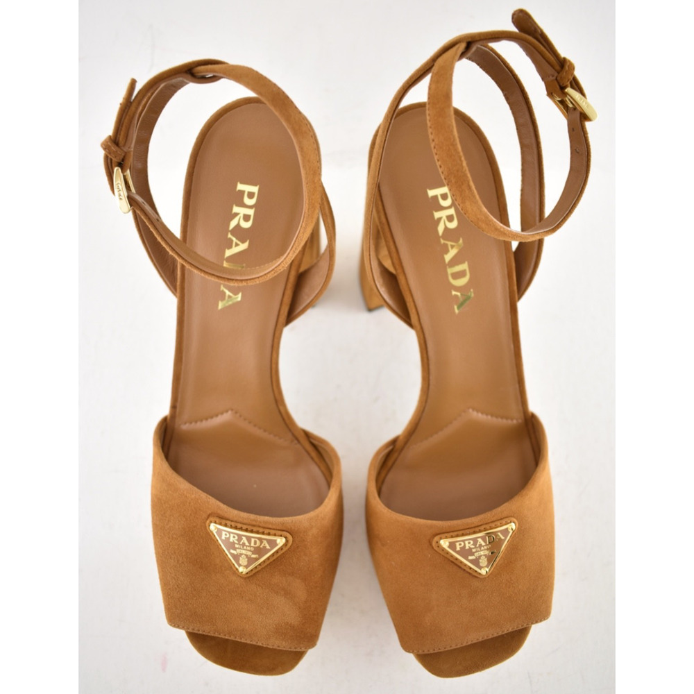 Prada 115mm Cognac Brown Suede Platform Sandal Ankle Strap Block Heel Pump 38.5 - Picture 14 of 16